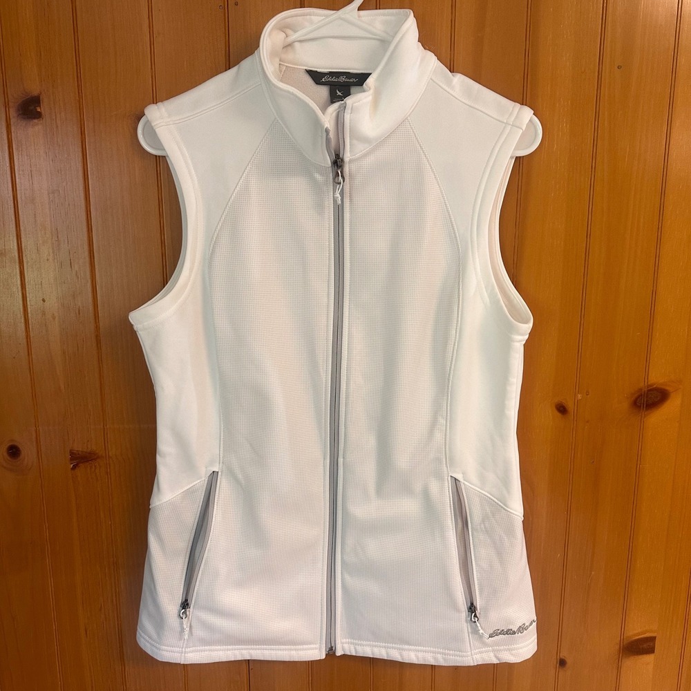 Eddie Bauer Womens White Full Zip Fleece Vest Mock Neck Grid Texture Size M